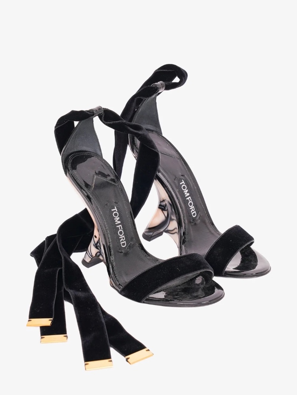 Tom Ford Black Velvet Lace-Up Block Heels with Gold Accents